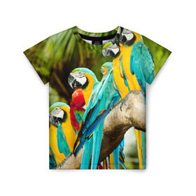 Детская футболка 3D с принтом Попугаи на ветке в Курске, 100% гипоаллергенный полиэфир | прямой крой, круглый вырез горловины, длина до линии бедер, чуть спущенное плечо, ткань немного тянется | джунгли | клюв | острова | перья | попугай | птица | тропики | экзотика