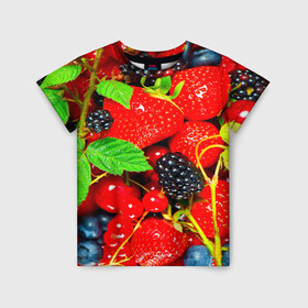 Детская футболка 3D с принтом Ягоды в Курске, 100% гипоаллергенный полиэфир | прямой крой, круглый вырез горловины, длина до линии бедер, чуть спущенное плечо, ткань немного тянется | малина | ягода | ягодка | ягодная