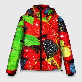Мужская зимняя куртка 3D с принтом Ягоды в Курске, верх — 100% полиэстер; подкладка — 100% полиэстер; утеплитель — 100% полиэстер | длина ниже бедра, свободный силуэт Оверсайз. Есть воротник-стойка, отстегивающийся капюшон и ветрозащитная планка. 

Боковые карманы с листочкой на кнопках и внутренний карман на молнии. | Тематика изображения на принте: малина | ягода | ягодка | ягодная
