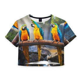 Женская футболка 3D укороченная с принтом Экзотические попугаи в Курске, 100% полиэстер | круглая горловина, длина футболки до линии талии, рукава с отворотами | джунгли | клюв | острова | перья | попугай | птица | тропики | экзотика