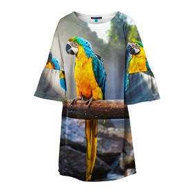 Детское платье 3D с принтом Экзотические попугаи в Курске, 100% полиэстер | прямой силуэт, чуть расширенный к низу. Круглая горловина, на рукавах — воланы | джунгли | клюв | острова | перья | попугай | птица | тропики | экзотика
