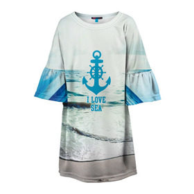 Детское платье 3D с принтом I love sea в Курске, 100% полиэстер | прямой силуэт, чуть расширенный к низу. Круглая горловина, на рукавах — воланы | sea | вода | волны | лето | море | океан | солнце | якорь