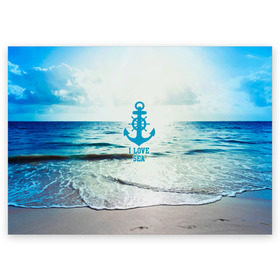 Поздравительная открытка с принтом I love sea в Курске, 100% бумага | плотность бумаги 280 г/м2, матовая, на обратной стороне линовка и место для марки
 | Тематика изображения на принте: sea | вода | волны | лето | море | океан | солнце | якорь