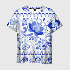 Мужская футболка 3D с принтом Гжель 2 в Курске, 100% полиэфир | прямой крой, круглый вырез горловины, длина до линии бедер | Тематика изображения на принте: роспись | россия | русь | узор