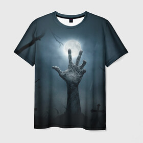 Мужская футболка 3D с принтом Рука зомби в Курске, 100% полиэфир | прямой крой, круглый вырез горловины, длина до линии бедер | кладбище | луна | мертвец