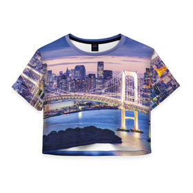 Женская футболка 3D укороченная с принтом Japan в Курске, 100% полиэстер | круглая горловина, длина футболки до линии талии, рукава с отворотами | tokyo | ночной город | токио | япония