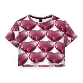 Женская футболка 3D укороченная с принтом Зеркальные сердца в Курске, 100% полиэстер | круглая горловина, длина футболки до линии талии, рукава с отворотами | девушкам | сердечко | сердца