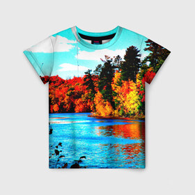 Детская футболка 3D с принтом Озеро в Курске, 100% гипоаллергенный полиэфир | прямой крой, круглый вырез горловины, длина до линии бедер, чуть спущенное плечо, ткань немного тянется | деревья | красные листья | кусты | осень | природа | река