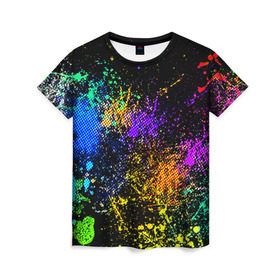 Женская футболка 3D с принтом Брызги красок в Курске, 100% полиэфир ( синтетическое хлопкоподобное полотно) | прямой крой, круглый вырез горловины, длина до линии бедер | кляксы | цветной | яркий