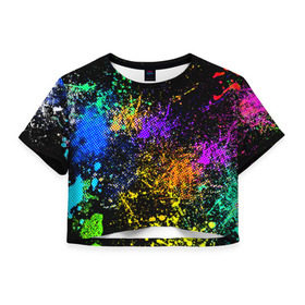 Женская футболка 3D укороченная с принтом Брызги красок в Курске, 100% полиэстер | круглая горловина, длина футболки до линии талии, рукава с отворотами | кляксы | цветной | яркий