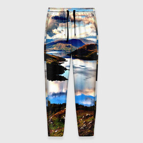Мужские брюки 3D с принтом Озеро в Курске, 100% полиэстер | манжеты по низу, эластичный пояс регулируется шнурком, по бокам два кармана без застежек, внутренняя часть кармана из мелкой сетки | Тематика изображения на принте: весна | горы | кусты | лето | небо | озеро | природа