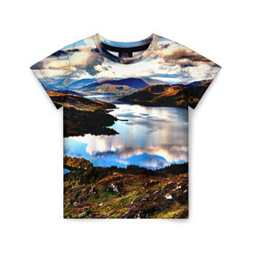 Детская футболка 3D с принтом Озеро в Курске, 100% гипоаллергенный полиэфир | прямой крой, круглый вырез горловины, длина до линии бедер, чуть спущенное плечо, ткань немного тянется | весна | горы | кусты | лето | небо | озеро | природа