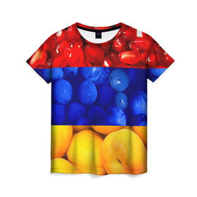 Женская футболка 3D с принтом Флаг Армении в Курске, 100% полиэфир ( синтетическое хлопкоподобное полотно) | прямой крой, круглый вырез горловины, длина до линии бедер | армения | гранат | персик | слива | страны | флаг армении | фрукты