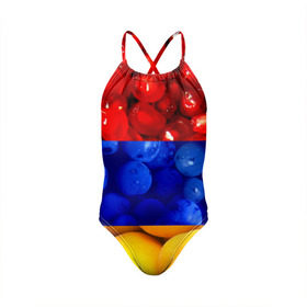 Детский купальник 3D с принтом Флаг Армении в Курске, Полиэстер 85%, Спандекс 15% | Слитный крой, подклад по переду изделия, узкие бретели | Тематика изображения на принте: армения | гранат | персик | слива | страны | флаг армении | фрукты