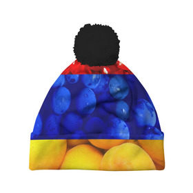 Шапка 3D c помпоном с принтом Флаг Армении в Курске, 100% полиэстер | универсальный размер, печать по всей поверхности изделия | Тематика изображения на принте: армения | гранат | персик | слива | страны | флаг армении | фрукты