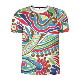 Мужская футболка 3D спортивная с принтом Хохлома красками в Курске, 100% полиэстер с улучшенными характеристиками | приталенный силуэт, круглая горловина, широкие плечи, сужается к линии бедра | народный | орнамент | роспись | традиционный