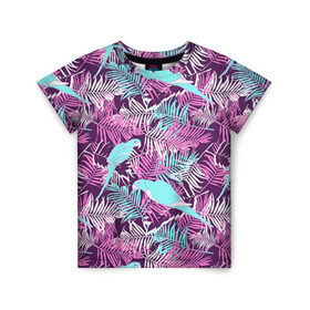 Детская футболка 3D с принтом Summer paradise в Курске, 100% гипоаллергенный полиэфир | прямой крой, круглый вырез горловины, длина до линии бедер, чуть спущенное плечо, ткань немного тянется | паттерн | попугаи | разноцветный | тропики | цветы | яркий