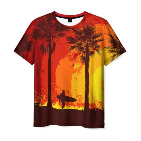Мужская футболка 3D с принтом Summer Surf в Курске, 100% полиэфир | прямой крой, круглый вырез горловины, длина до линии бедер | закат | лето | пейзаж | серфинг | тропики