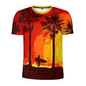 Мужская футболка 3D спортивная с принтом Summer Surf в Курске, 100% полиэстер с улучшенными характеристиками | приталенный силуэт, круглая горловина, широкие плечи, сужается к линии бедра | закат | лето | пейзаж | серфинг | тропики