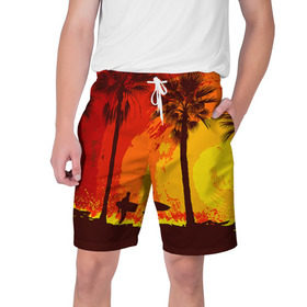Мужские шорты 3D с принтом Summer Surf в Курске,  полиэстер 100% | прямой крой, два кармана без застежек по бокам. Мягкая трикотажная резинка на поясе, внутри которой широкие завязки. Длина чуть выше колен | закат | лето | пейзаж | серфинг | тропики