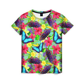 Женская футболка 3D с принтом Summer Butterflies в Курске, 100% полиэфир ( синтетическое хлопкоподобное полотно) | прямой крой, круглый вырез горловины, длина до линии бедер | бабочки | лето | пестрый | разноцветный