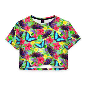 Женская футболка 3D укороченная с принтом Summer Butterflies в Курске, 100% полиэстер | круглая горловина, длина футболки до линии талии, рукава с отворотами | Тематика изображения на принте: бабочки | лето | пестрый | разноцветный