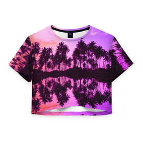 Женская футболка 3D укороченная с принтом Hawaii dream в Курске, 100% полиэстер | круглая горловина, длина футболки до линии талии, рукава с отворотами | гавайи | закат | пляж