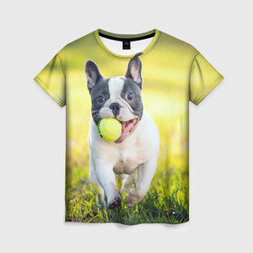 Женская футболка 3D с принтом Бульдог в Курске, 100% полиэфир ( синтетическое хлопкоподобное полотно) | прямой крой, круглый вырез горловины, длина до линии бедер | бульдог | лето | мячик | радость | собака | солнце