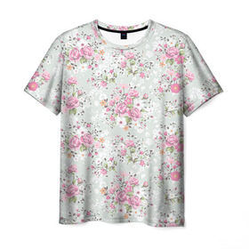 Мужская футболка 3D с принтом Flower pattern в Курске, 100% полиэфир | прямой крой, круглый вырез горловины, длина до линии бедер | белый | паттерн | розовый | цветы