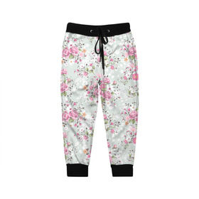 Детские брюки 3D с принтом Flower pattern в Курске, 100% полиэстер | манжеты по низу, эластичный пояс регулируется шнурком, по бокам два кармана без застежек, внутренняя часть кармана из мелкой сетки | белый | паттерн | розовый | цветы