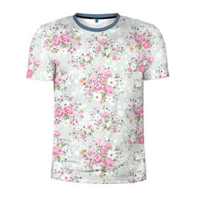 Мужская футболка 3D спортивная с принтом Flower pattern в Курске, 100% полиэстер с улучшенными характеристиками | приталенный силуэт, круглая горловина, широкие плечи, сужается к линии бедра | белый | паттерн | розовый | цветы
