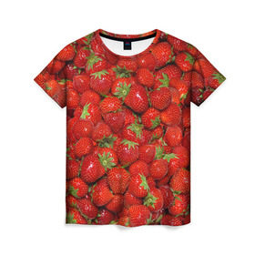 Женская футболка 3D с принтом Клубнички в Курске, 100% полиэфир ( синтетическое хлопкоподобное полотно) | прямой крой, круглый вырез горловины, длина до линии бедер | красный | летний | фото | ягода