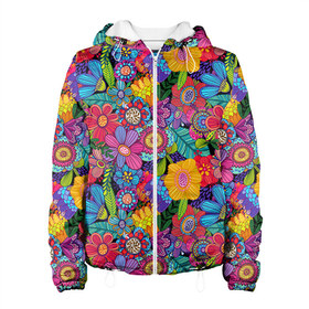 Женская куртка 3D с принтом Яркие цветы в Курске, ткань верха — 100% полиэстер, подклад — флис | прямой крой, подол и капюшон оформлены резинкой с фиксаторами, два кармана без застежек по бокам, один большой потайной карман на груди. Карман на груди застегивается на липучку | летний | разноцветный | цветы | яркий