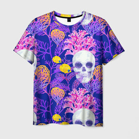Мужская футболка 3D с принтом Черепа в Курске, 100% полиэфир | прямой крой, круглый вырез горловины, длина до линии бедер | паттерн | сиреневый | яркий