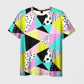 Мужская футболка 3D с принтом Треугольнички в Курске, 100% полиэфир | прямой крой, круглый вырез горловины, длина до линии бедер | Тематика изображения на принте: лоскутное шитье | полигоны | разноцветный | яркий
