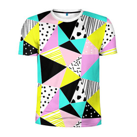 Мужская футболка 3D спортивная с принтом Треугольнички в Курске, 100% полиэстер с улучшенными характеристиками | приталенный силуэт, круглая горловина, широкие плечи, сужается к линии бедра | Тематика изображения на принте: лоскутное шитье | полигоны | разноцветный | яркий