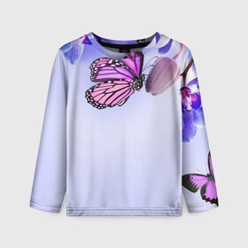 Детский лонгслив 3D с принтом Цветы с бабочкой в Курске, 100% полиэстер | длинные рукава, круглый вырез горловины, полуприлегающий силуэт
 | бабочки | весна | краски | лето | осень | цветок | цветы