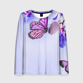 Женский лонгслив 3D с принтом Цветы с бабочкой в Курске, 100% полиэстер | длинные рукава, круглый вырез горловины, полуприлегающий силуэт | бабочки | весна | краски | лето | осень | цветок | цветы