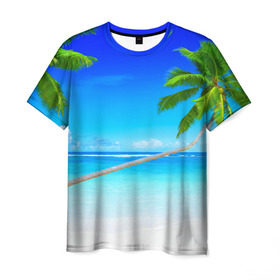 Мужская футболка 3D с принтом Лазурный берег в Курске, 100% полиэфир | прямой крой, круглый вырез горловины, длина до линии бедер | берег | лето | море | океан | отдых | пальма | песок