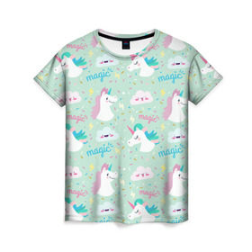 Женская футболка 3D с принтом Единороги в Курске, 100% полиэфир ( синтетическое хлопкоподобное полотно) | прямой крой, круглый вырез горловины, длина до линии бедер | воображение | дружба | единорог | животные | замок | лошадь | любовь | магия | пони | радуга