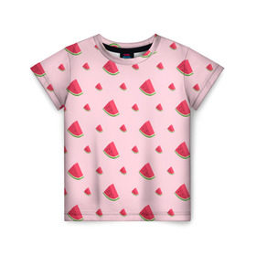 Детская футболка 3D с принтом Сочные арбузики в Курске, 100% гипоаллергенный полиэфир | прямой крой, круглый вырез горловины, длина до линии бедер, чуть спущенное плечо, ткань немного тянется | Тематика изображения на принте: арбузы | арт | еда | лето | фрукты