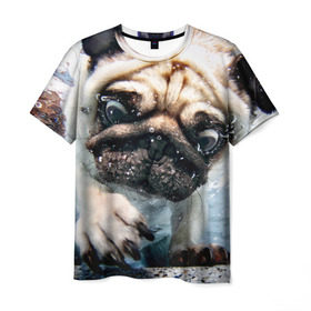 Мужская футболка 3D с принтом Мопс в Курске, 100% полиэфир | прямой крой, круглый вырез горловины, длина до линии бедер | animal | breed | bubbles | diving | dog | eyes bulging | pug | water | вода | выпученные | глаза | животное | мопс | ныряет | порода | пузыри | собака