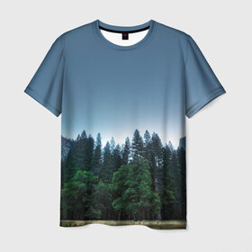 Мужская футболка 3D с принтом Forest в Курске, 100% полиэфир | прямой крой, круглый вырез горловины, длина до линии бедер | Тематика изображения на принте: forest | горы | ели | лес | север | сосны | туман