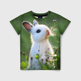 Детская футболка 3D с принтом Кролик в Курске, 100% гипоаллергенный полиэфир | прямой крой, круглый вырез горловины, длина до линии бедер, чуть спущенное плечо, ткань немного тянется | animal | baby | cute | flowers | fluffy | hare | lawn | little | meadow | rabbit | животное | заяц | кролик | луг | лужайка | маленький | малыш | милый | пушистый | цветы