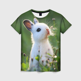 Женская футболка 3D с принтом Кролик в Курске, 100% полиэфир ( синтетическое хлопкоподобное полотно) | прямой крой, круглый вырез горловины, длина до линии бедер | animal | baby | cute | flowers | fluffy | hare | lawn | little | meadow | rabbit | животное | заяц | кролик | луг | лужайка | маленький | малыш | милый | пушистый | цветы