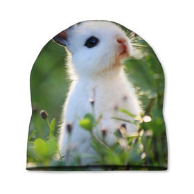 Шапка 3D с принтом Кролик в Курске, 100% полиэстер | универсальный размер, печать по всей поверхности изделия | animal | baby | cute | flowers | fluffy | hare | lawn | little | meadow | rabbit | животное | заяц | кролик | луг | лужайка | маленький | малыш | милый | пушистый | цветы