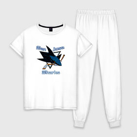Женская пижама хлопок с принтом San Jose Sharks hockey в Курске, 100% хлопок | брюки и футболка прямого кроя, без карманов, на брюках мягкая резинка на поясе и по низу штанин | nhl | san jose sharks | спорт | хоккей