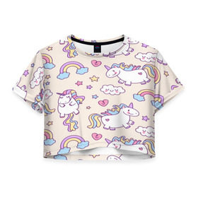 Женская футболка 3D укороченная с принтом Радужные Единорожки в Курске, 100% полиэстер | круглая горловина, длина футболки до линии талии, рукава с отворотами | unicorn | белый | единорог | лошадь | облако | радуга | розовый | сердце | улыбка | фиолетовый | цвет