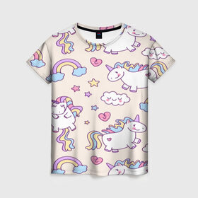 Женская футболка 3D с принтом Радужные Единорожки в Курске, 100% полиэфир ( синтетическое хлопкоподобное полотно) | прямой крой, круглый вырез горловины, длина до линии бедер | unicorn | белый | единорог | лошадь | облако | радуга | розовый | сердце | улыбка | фиолетовый | цвет