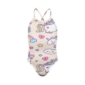 Детский купальник 3D с принтом Радужные Единорожки в Курске, Полиэстер 85%, Спандекс 15% | Слитный крой, подклад по переду изделия, узкие бретели | unicorn | белый | единорог | лошадь | облако | радуга | розовый | сердце | улыбка | фиолетовый | цвет